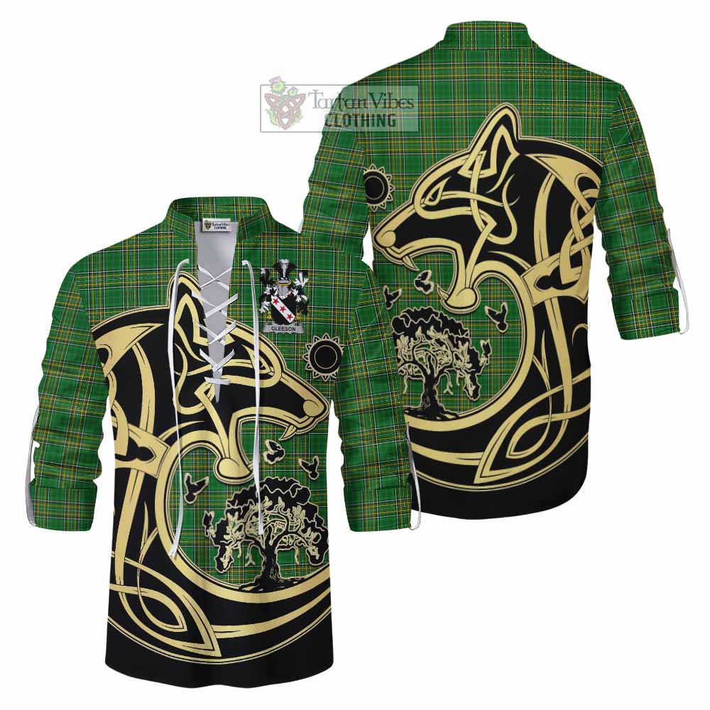 Tartan Vibes Clothing Gleeson Irish Tartan Ghillie Kilt Shirt with Coat of Arms Celtic Wolf Style