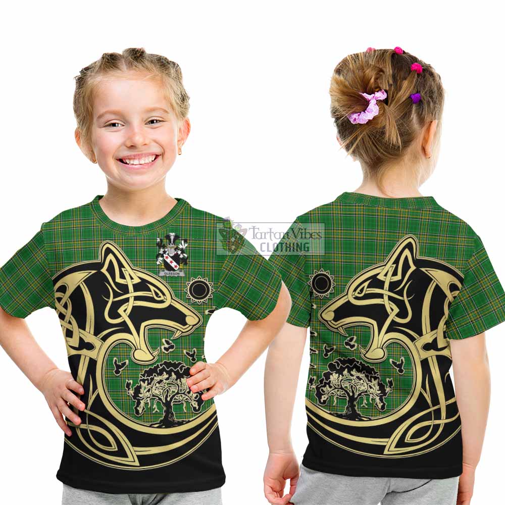 Tartan Vibes Clothing Gleeson Irish Tartan Kid T-Shirt with Coat of Arms Celtic Wolf Style