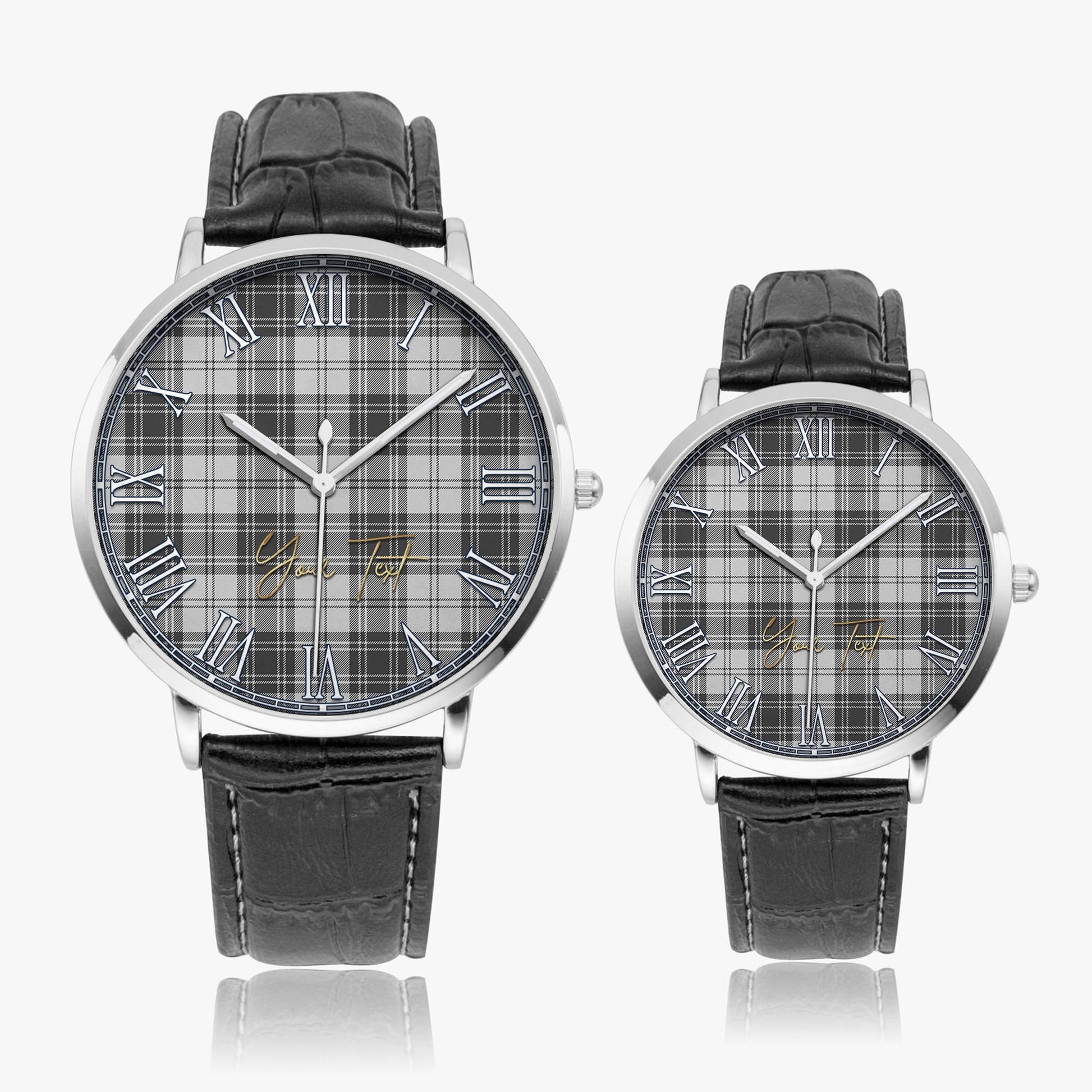 Glen Tartan Personalized Your Text Leather Trap Quartz Watch Ultra Thin Silver Case With Black Leather Strap - Tartanvibesclothing