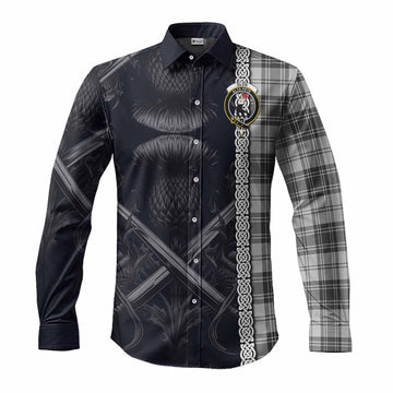 Glen Tartan Long Sleeve Button Shirt with Family Crest Cross Sword Thistle Celtic Vibes