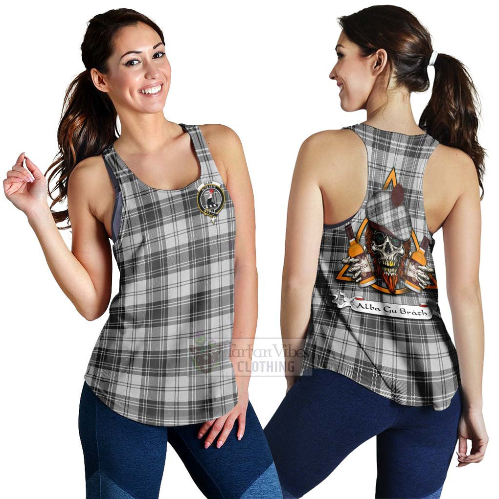 Tartan Vibes Clothing Glen Tartan Women's Racerback Tanks with Family Crest and Bearded Skull Holding Bottles of Whiskey