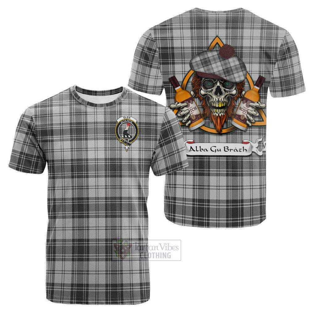 Tartan Vibes Clothing Glen Tartan Cotton T-shirt with Family Crest and Bearded Skull Holding Bottles of Whiskey