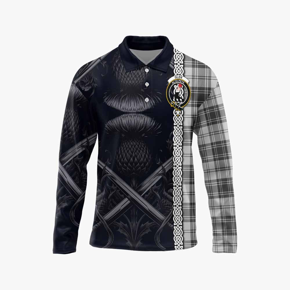 Tartan Vibes Clothing Glen Tartan Long Sleeve Polo Shirt with Family Crest Cross Sword Thistle Celtic Vibes