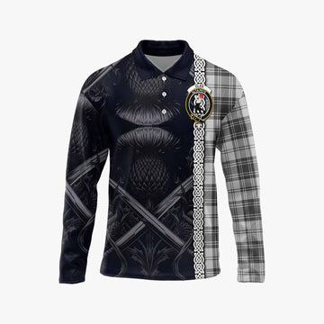 Glen Tartan Long Sleeve Polo Shirt with Family Crest Cross Sword Thistle Celtic Vibes