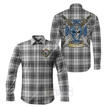 Glen Tartan Long Sleeve Button Shirt with Family Crest Celtic Skull Style