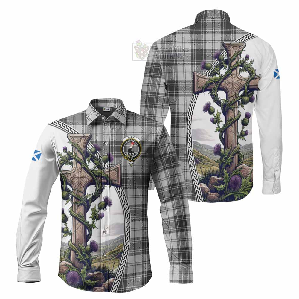 Tartan Vibes Clothing Glen Tartan Long Sleeve Button Shirt with Family Crest and St. Andrew's Cross Accented by Thistle Vines