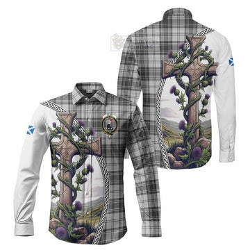 Glen Tartan Long Sleeve Button Shirt with Family Crest and St. Andrew's Cross Accented by Thistle Vines