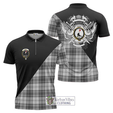 Glen Tartan Zipper Polo Shirt with Family Crest and Military Logo Style