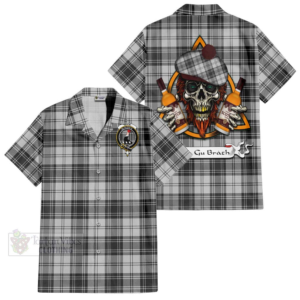 Tartan Vibes Clothing Glen Tartan Short Sleeve Button Shirt with Family Crest and Bearded Skull Holding Bottles of Whiskey