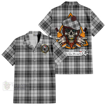 Glen Tartan Short Sleeve Button Shirt with Family Crest and Bearded Skull Holding Bottles of Whiskey