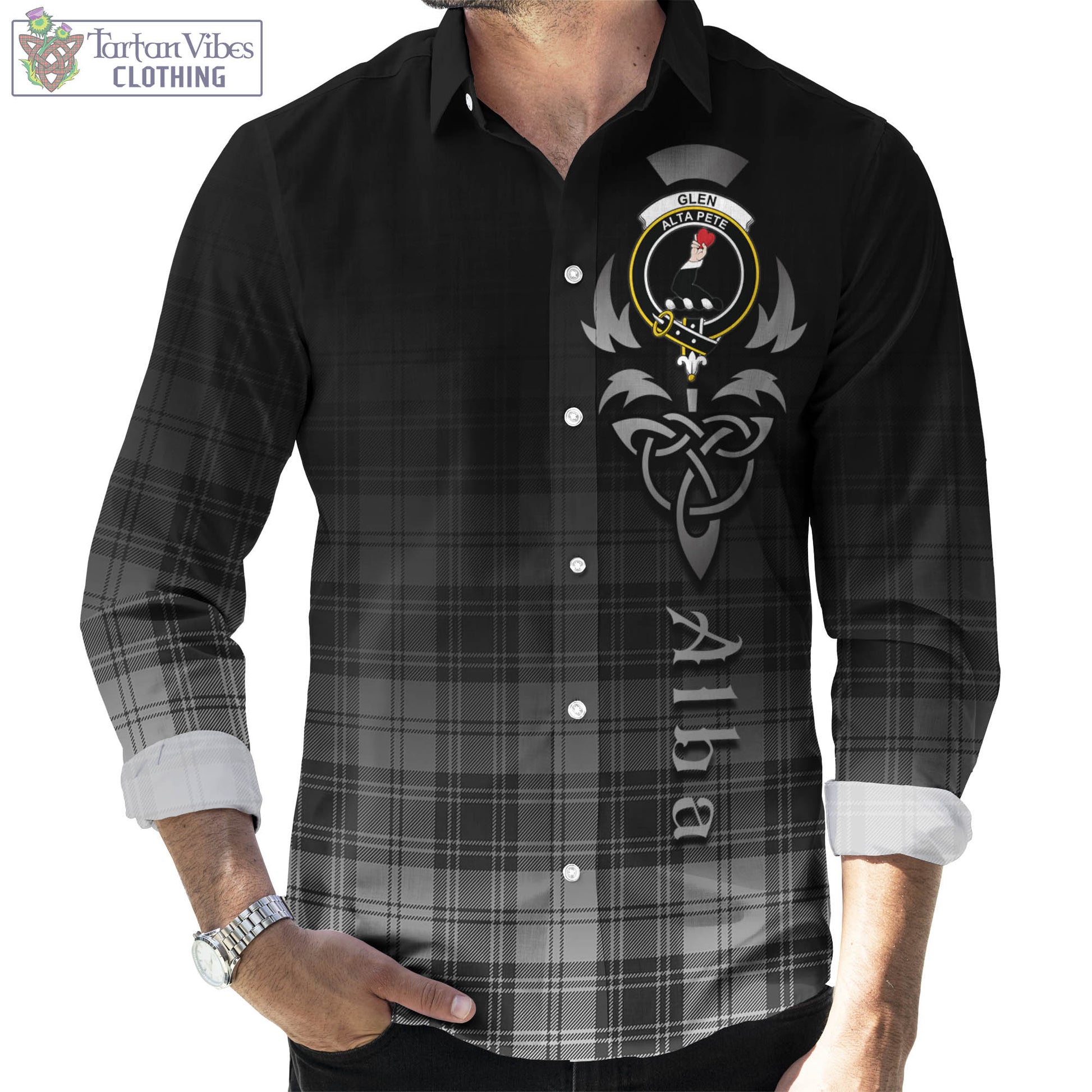 Tartan Vibes Clothing Glen Tartan Long Sleeve Button Up Featuring Alba Gu Brath Family Crest Celtic Inspired