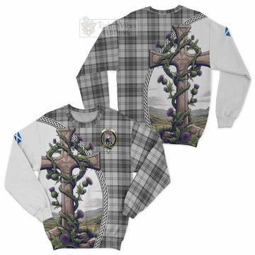 Glen Tartan Sweatshirt with Family Crest and St. Andrew's Cross Accented by Thistle Vines