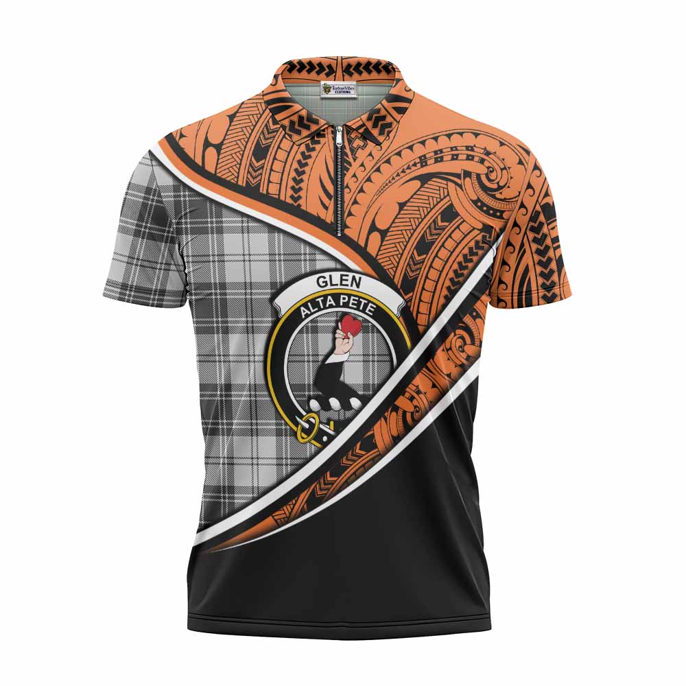 Tartan Vibes Clothing Glen Crest Tartan Zipper Polo Shirt with Maori Tattoo Style - Orange Version