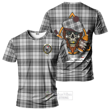 Glen Tartan T-Shirt with Family Crest and Bearded Skull Holding Bottles of Whiskey