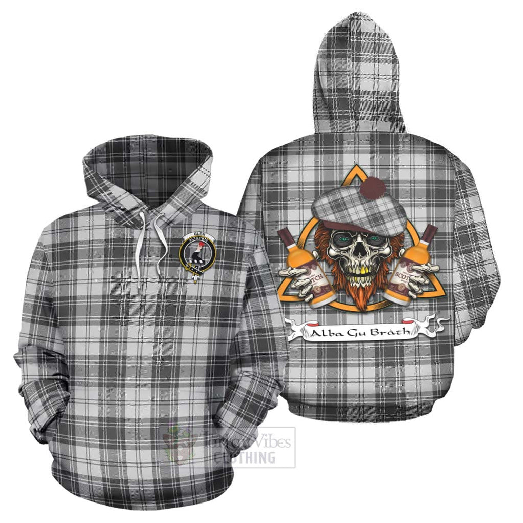 Tartan Vibes Clothing Glen Tartan Hoodie with Family Crest and Bearded Skull Holding Bottles of Whiskey