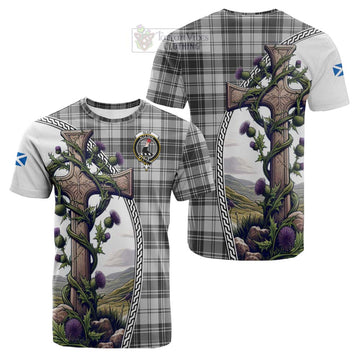 Glen Tartan Cotton T-shirt with Family Crest and St. Andrew's Cross Accented by Thistle Vines