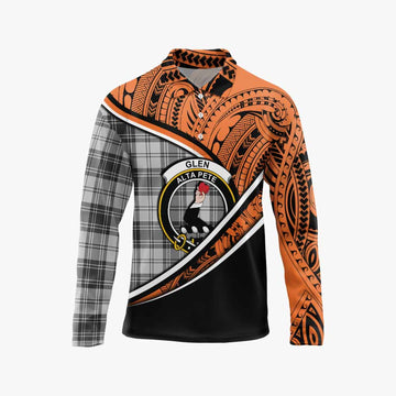 Glen Crest Tartan Long Sleeve Polo Shirt with Polynesian Vibes Style - Orange Version