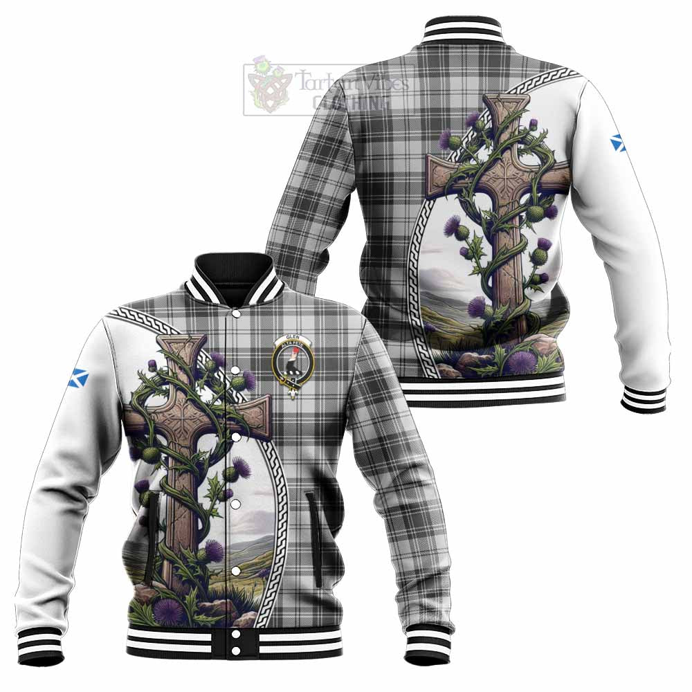 Tartan Vibes Clothing Glen Tartan Baseball Jacket with Family Crest and St. Andrew's Cross Accented by Thistle Vines