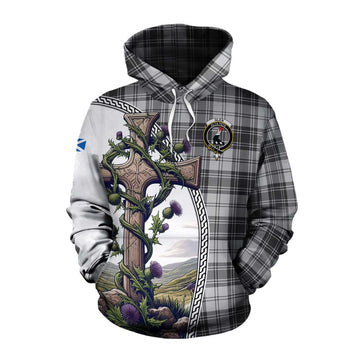Glen Tartan Cotton Hoodie with Family Crest and St. Andrew's Cross Accented by Thistle Vines Pullover Hoodie XS - Tartan Vibes Clothing