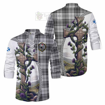 Glen Tartan Ghillie Kilt Shirt with Family Crest and St. Andrew's Cross Accented by Thistle Vines