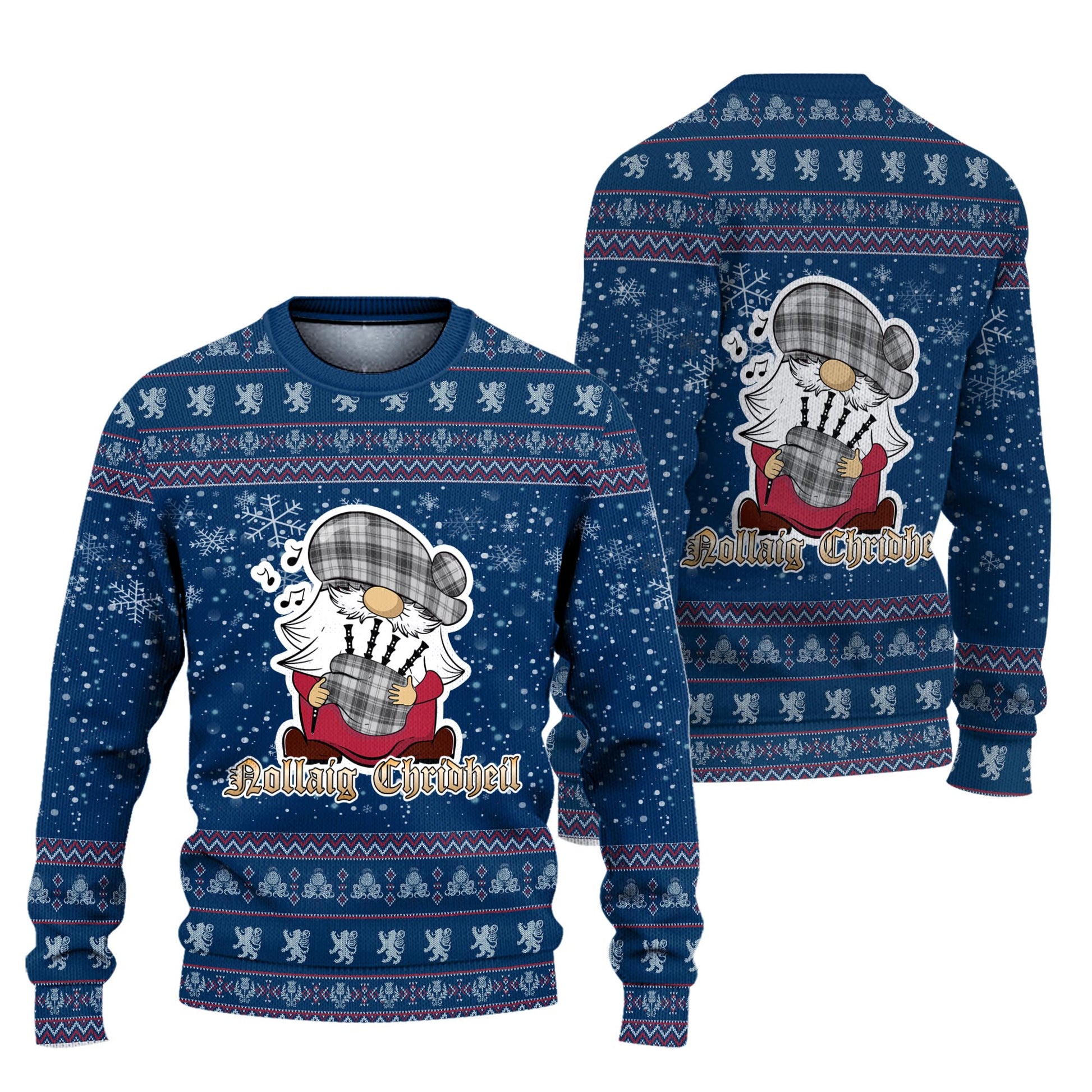 Glen Clan Christmas Family Knitted Sweater with Funny Gnome Playing Bagpipes Unisex Blue - Tartanvibesclothing