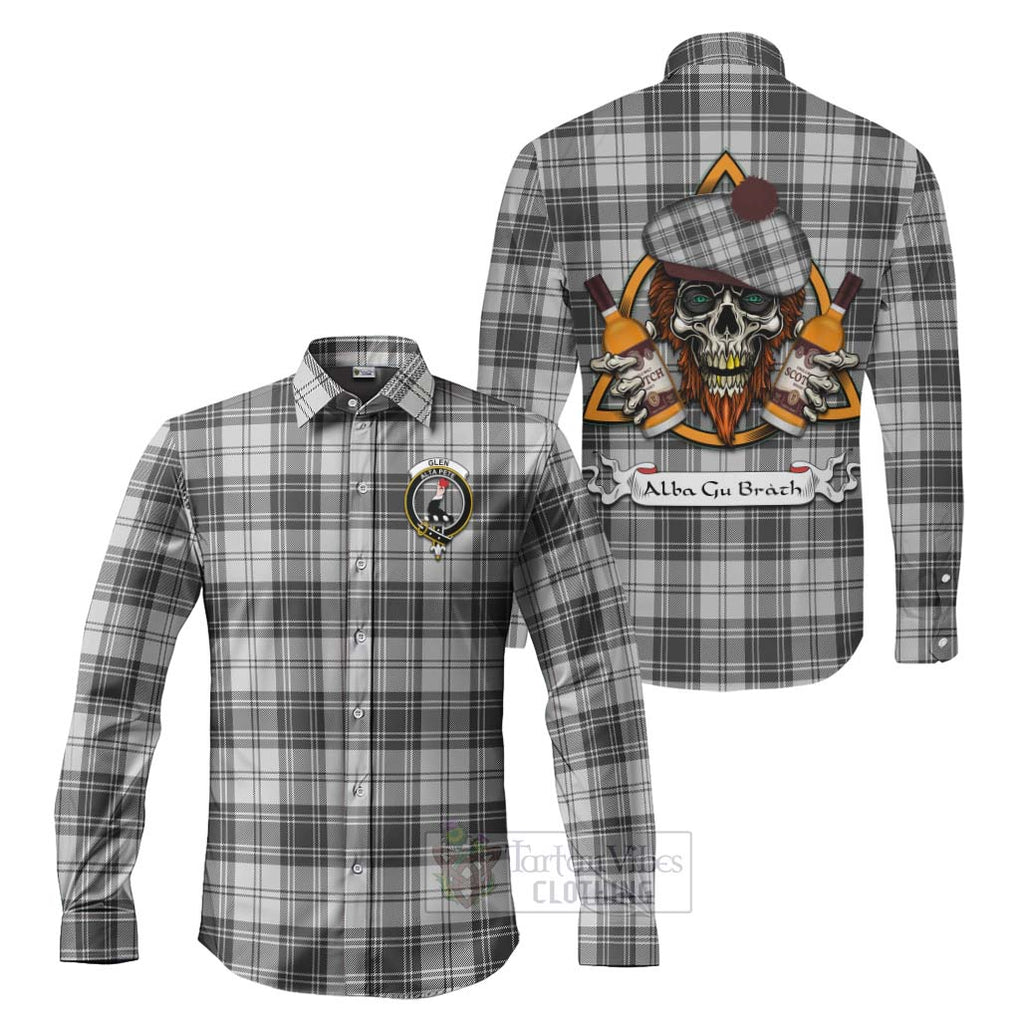 Tartan Vibes Clothing Glen Tartan Long Sleeve Button Shirt with Family Crest and Bearded Skull Holding Bottles of Whiskey