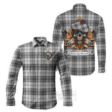 Glen Tartan Long Sleeve Button Shirt with Family Crest and Bearded Skull Holding Bottles of Whiskey