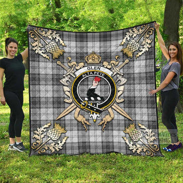 Glen Tartan Quilt with Family Crest and Golden Thistle Crossed Sword Design