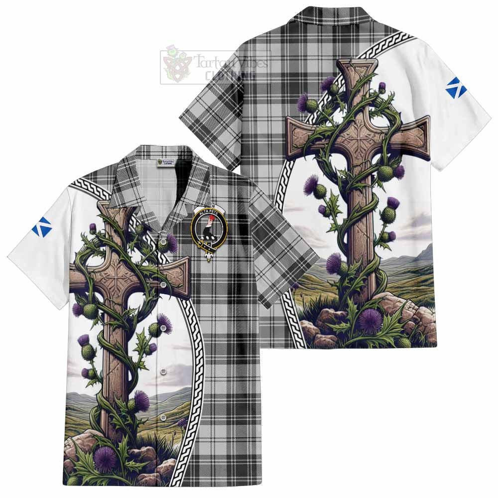 Tartan Vibes Clothing Glen Tartan Short Sleeve Button Shirt with Family Crest and St. Andrew's Cross Accented by Thistle Vines