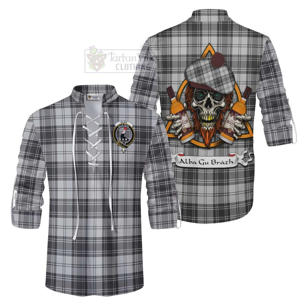 Tartan Vibes Clothing Glen Tartan Ghillie Kilt Shirt with Family Crest and Bearded Skull Holding Bottles of Whiskey