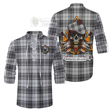 Glen Tartan Ghillie Kilt Shirt with Family Crest and Bearded Skull Holding Bottles of Whiskey