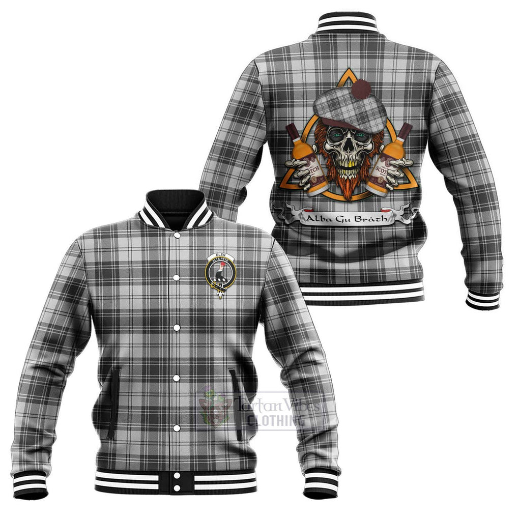 Tartan Vibes Clothing Glen Tartan Baseball Jacket with Family Crest and Bearded Skull Holding Bottles of Whiskey