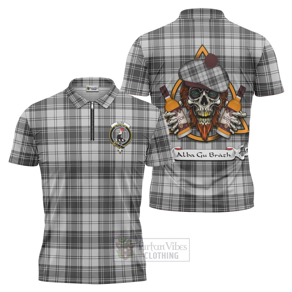 Tartan Vibes Clothing Glen Tartan Zipper Polo Shirt with Family Crest and Bearded Skull Holding Bottles of Whiskey