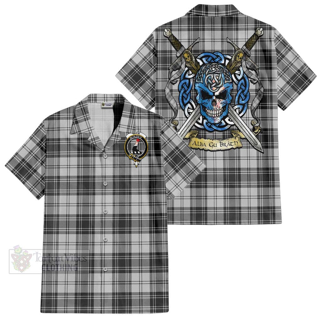 Tartan Vibes Clothing Glen Tartan Short Sleeve Button Shirt with Family Crest Celtic Skull Style