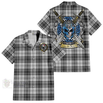 Glen Tartan Short Sleeve Button Shirt with Family Crest Celtic Skull Style