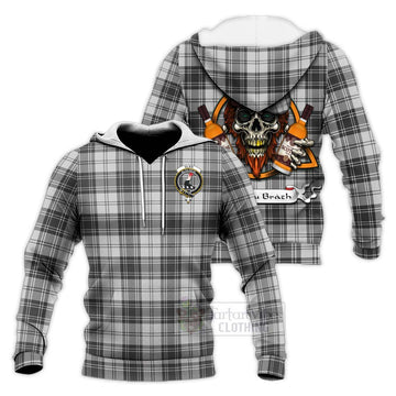 Glen Tartan Knitted Hoodie with Family Crest and Bearded Skull Holding Bottles of Whiskey