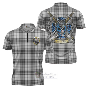 Glen Tartan Zipper Polo Shirt with Family Crest Celtic Skull Style