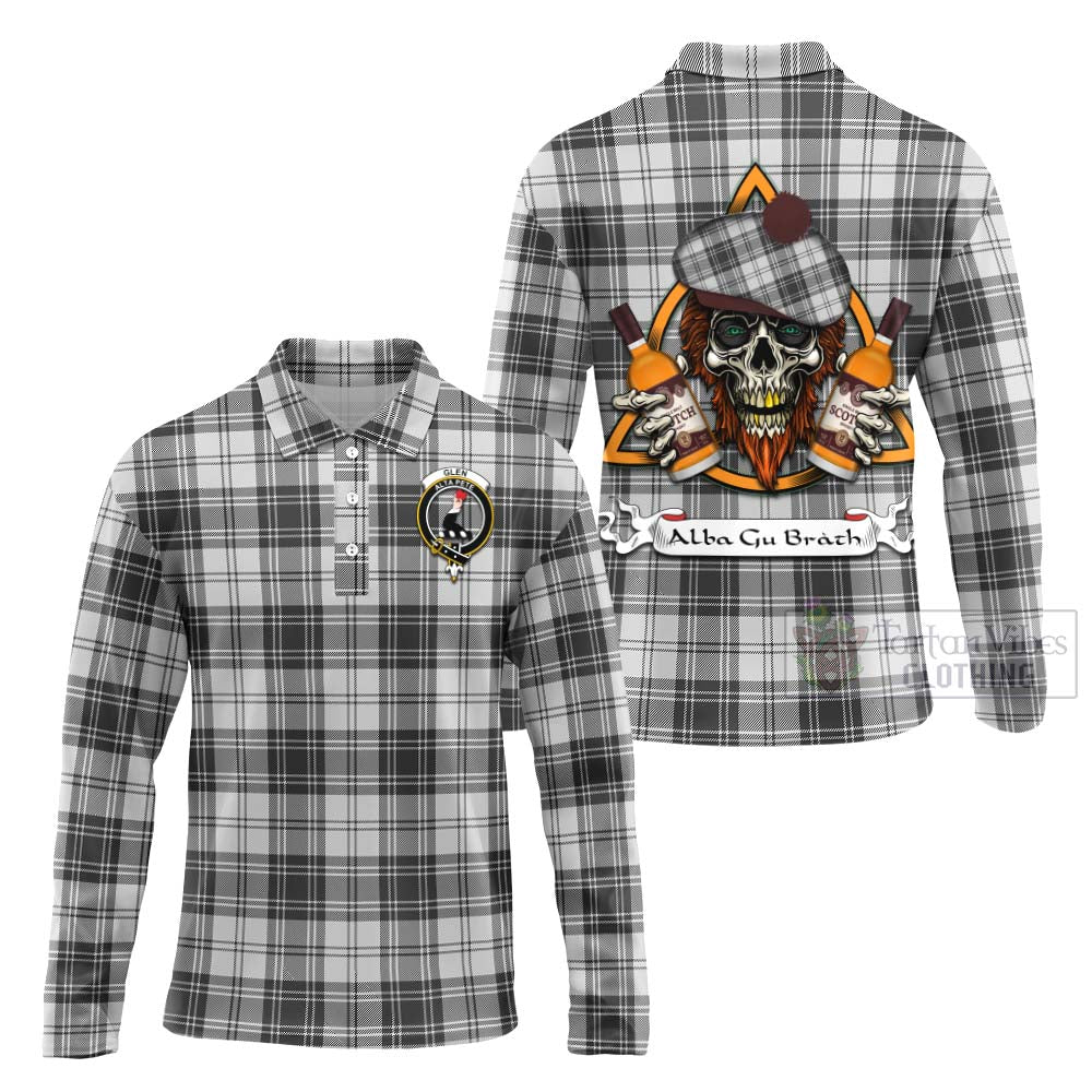 Tartan Vibes Clothing Glen Tartan Long Sleeve Polo Shirt with Family Crest and Bearded Skull Holding Bottles of Whiskey