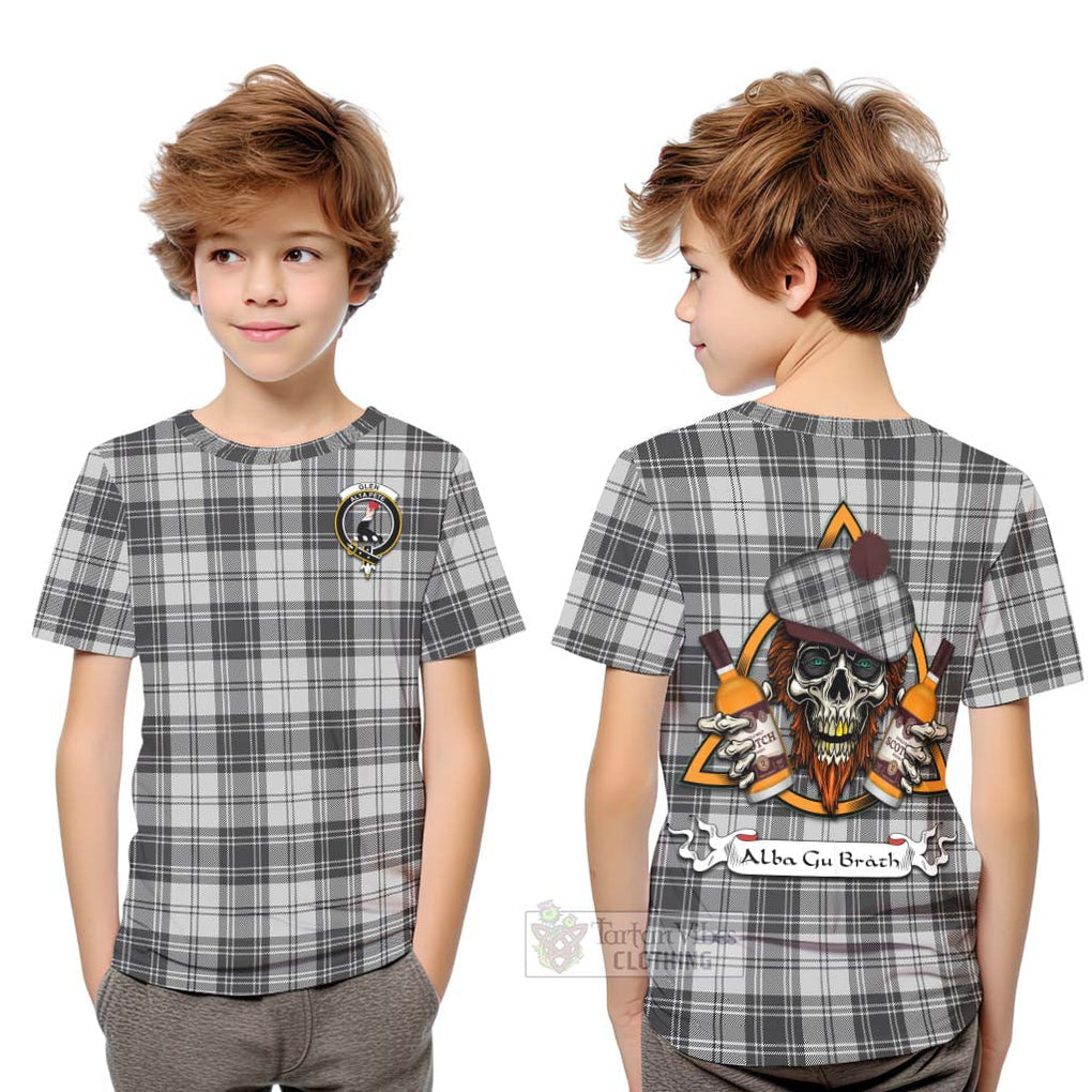 Tartan Vibes Clothing Glen Tartan Kid T-Shirt with Family Crest and Bearded Skull Holding Bottles of Whiskey