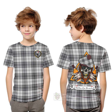 Glen Tartan Kid T-Shirt with Family Crest and Bearded Skull Holding Bottles of Whiskey