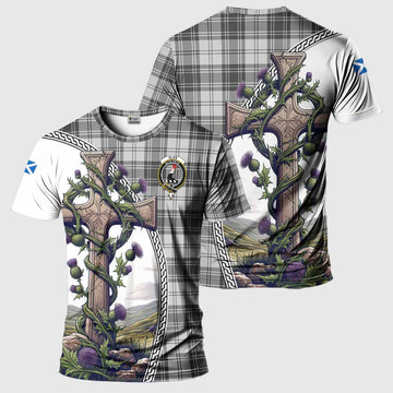 Glen Tartan T-Shirt with Family Crest and St. Andrew's Cross Accented by Thistle Vines