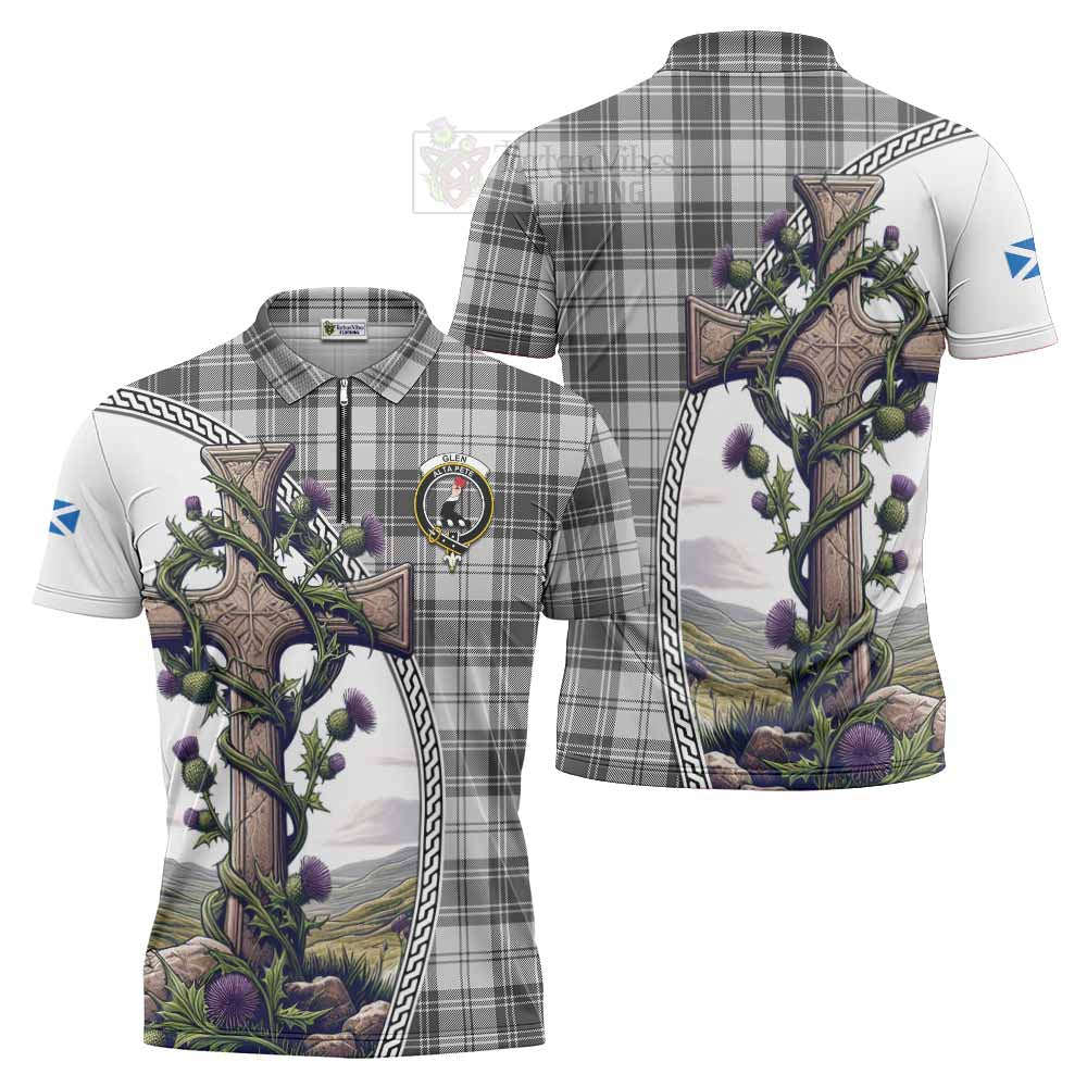 Tartan Vibes Clothing Glen Tartan Zipper Polo Shirt with Family Crest and St. Andrew's Cross Accented by Thistle Vines