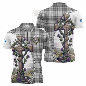 Glen Tartan Zipper Polo Shirt with Family Crest and St. Andrew's Cross Accented by Thistle Vines