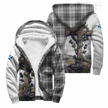 Glen Tartan Sherpa Hoodie with Family Crest and St. Andrew's Cross Accented by Thistle Vines