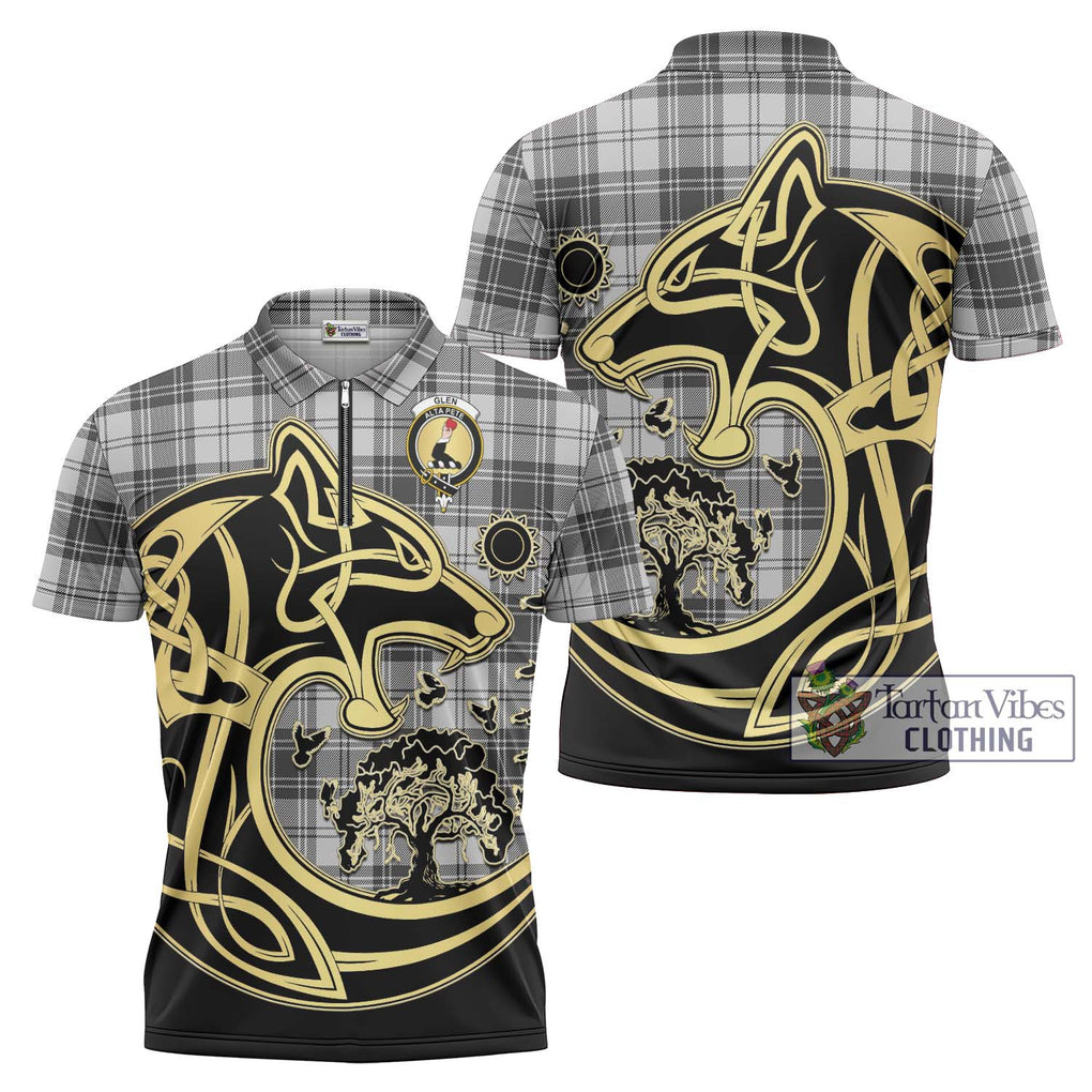 Glen Tartan Zipper Polo Shirt with Family Crest Celtic Wolf Style Unisex - Tartanvibesclothing Shop