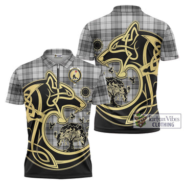 Glen Tartan Zipper Polo Shirt with Family Crest Celtic Wolf Style