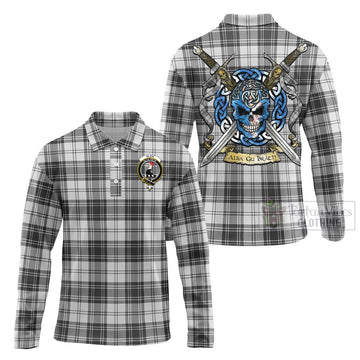 Glen Tartan Long Sleeve Polo Shirt with Family Crest Celtic Skull Style