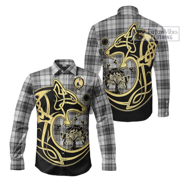 Glen Tartan Long Sleeve Button Shirt with Family Crest Celtic Wolf Style