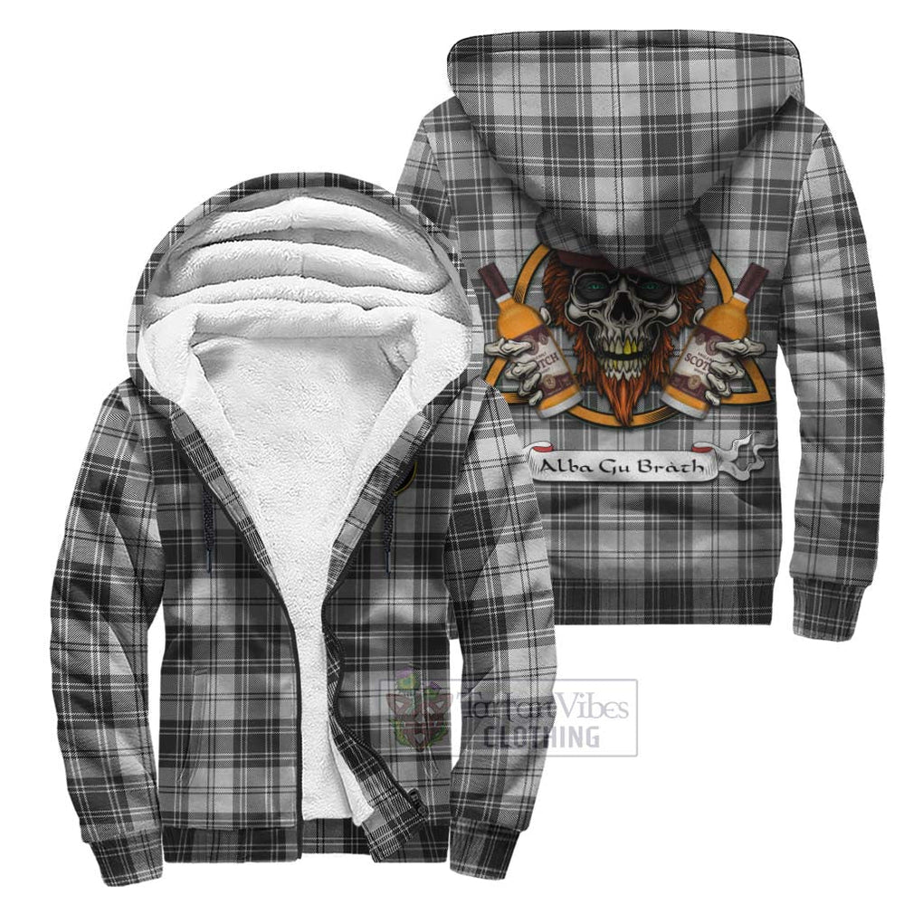 Tartan Vibes Clothing Glen Tartan Sherpa Hoodie with Family Crest and Bearded Skull Holding Bottles of Whiskey