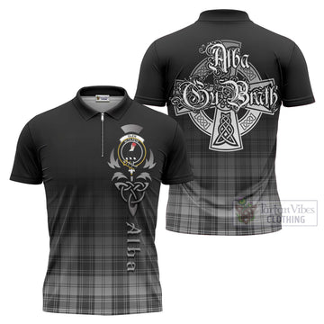 Glen Tartan Zipper Polo Shirt Featuring Alba Gu Brath Family Crest Celtic Inspired